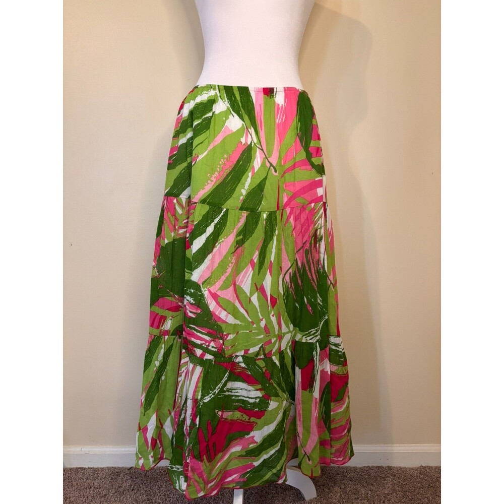 Ruby Rd Skirt Womens 6 Maxi Floral Pink Green Crinkle Tiered Flowy Cocoa Beach - Picture 3 of 13